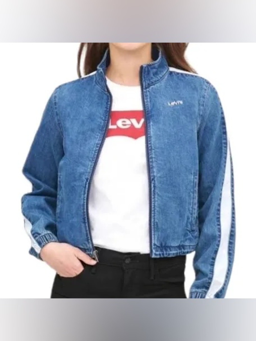 Levi's Women's Blue Denim Jacket with White Side Stripes